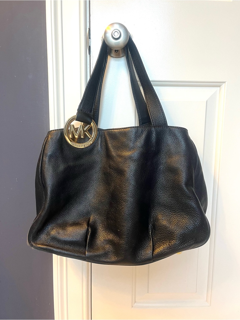 Michael Kors Fulton Black Pebbled Leather Tote Gold Tone MK Medallion Logo